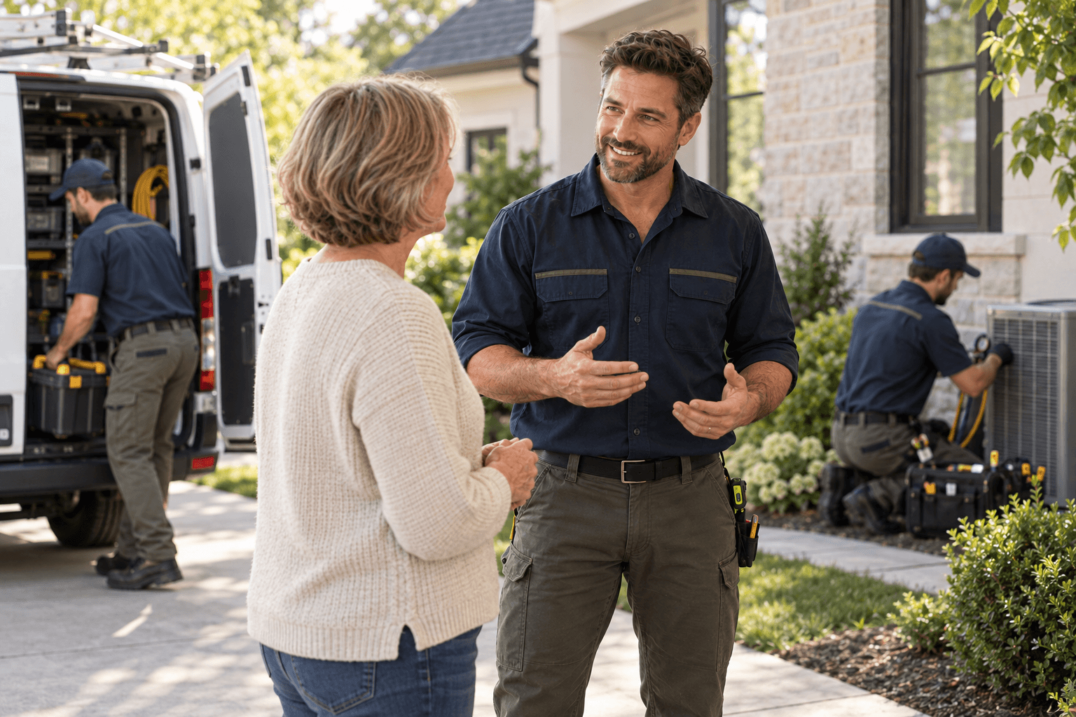 A local HVAC business owner speaking with a customer while his service team works nearby