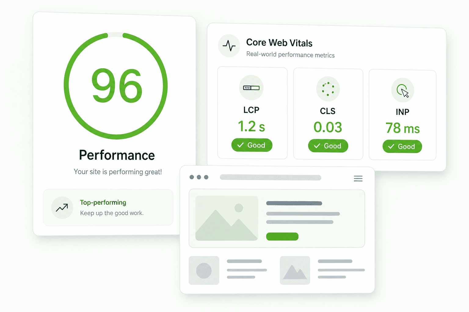 Concept illustration of website health showing a 96 performance score, Core Web Vitals chips, and a page wireframe.